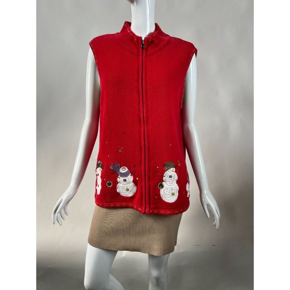 Christopher & Banks Snowman Zip Sweater Vest XL Red Snowman Cotton Ramie Blend - Picture 1 of 16